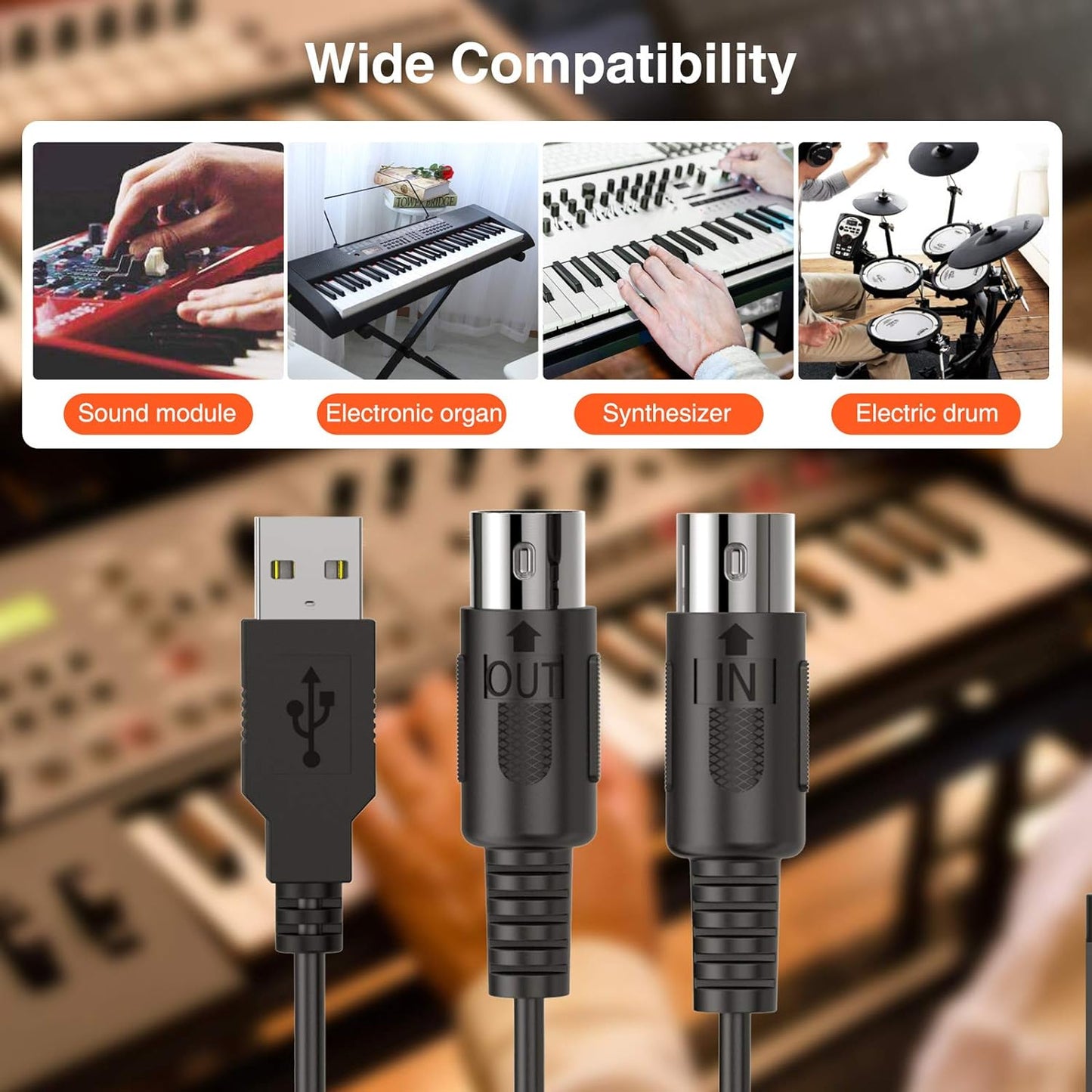Cablu adaptor USB la MIDI IN-OUT, cu indicator LED, compatibil cu tastatura muzicala, orga, chitara, tobe, mixere, pentru PC / laptop/MAC, 2m