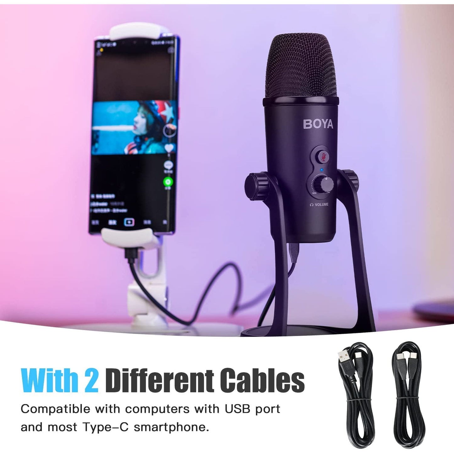 Microfon cu condensator BOYA BY-PM700, cu buton selectie polaritate Cardioid/Bidirectional/Omnidirectional/Stereo, cu stand, buton mute, iesire casti si surub mama 5/8", pentru PC
