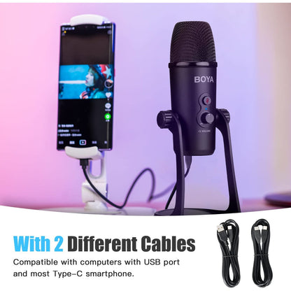 Microfon cu condensator BOYA BY-PM700, cu buton selectie polaritate Cardioid/Bidirectional/Omnidirectional/Stereo, cu stand, buton mute, iesire casti si surub mama 5/8", pentru PC