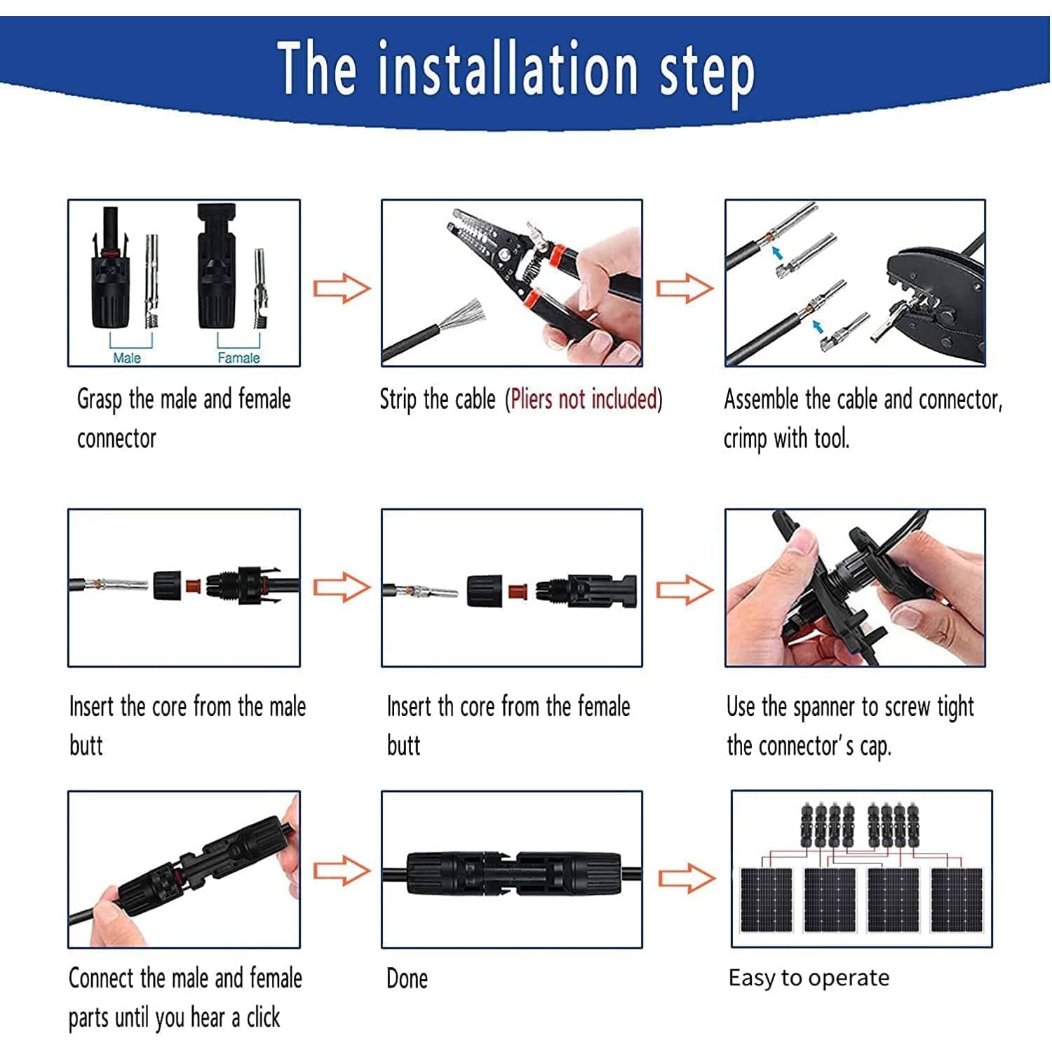 Kit de sertizare conectori cablu solar 4-6 mm², pentru panouri solare, cu 6 perechi conectori MC4 tata/mama, cleste de sertizare, chei pentru conector, cu husa de depozitare si transport