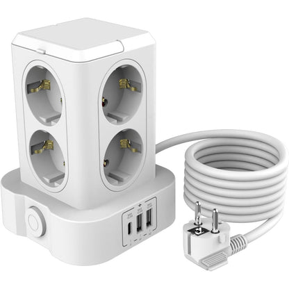 Prelungitor tip turn cu 8 prize si 3 porturi USB, 3680 W 16 A, protectie la supratensiune, indicator LED, cablu de 2m, alb