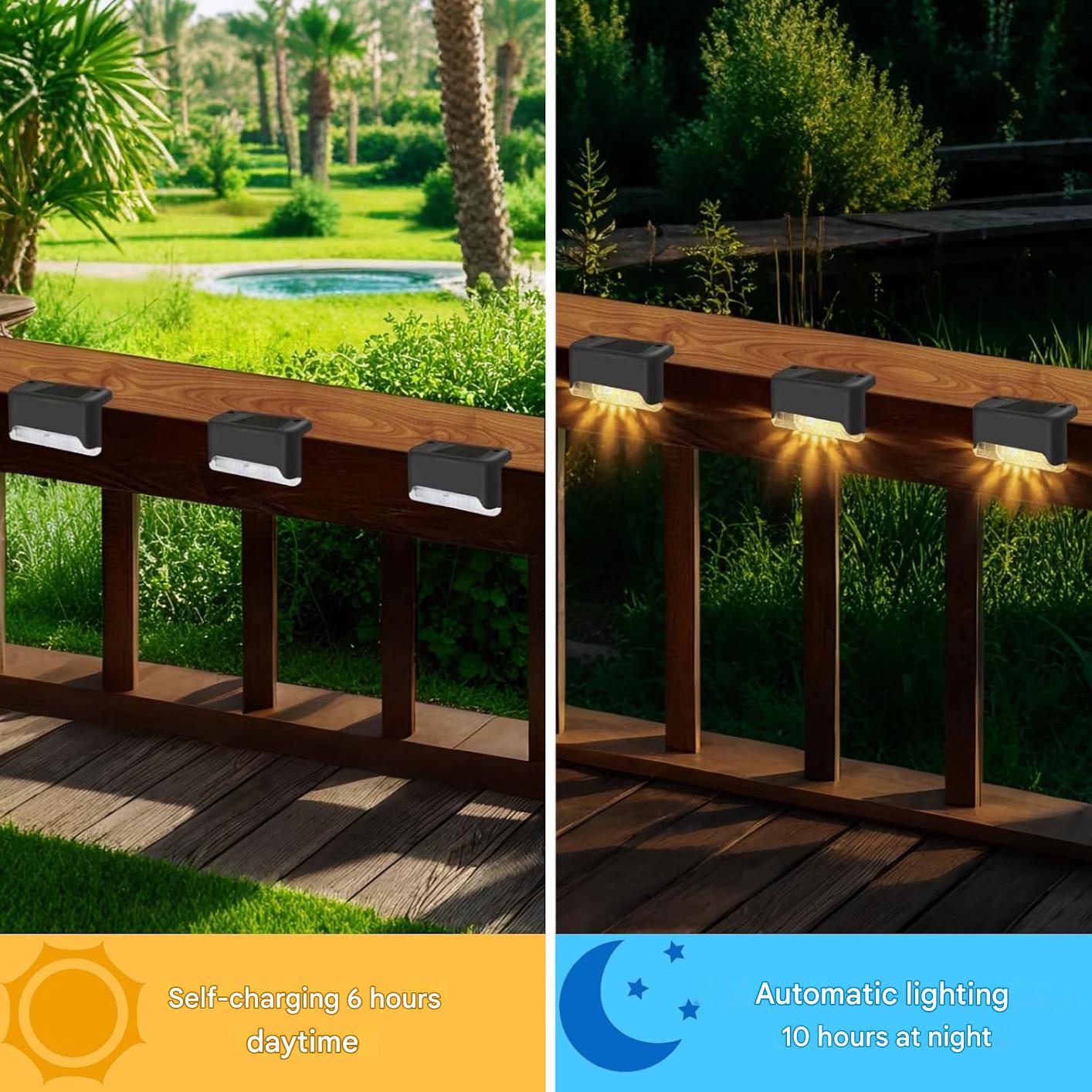Set 12 lampi solare LED pentru trepte si terasa, impermeabile IP65, lumina alb cald – Iluminat exterior cu incarcare solara automata, pentru scari, gard, curte, gradina, alee sau piscina, negru