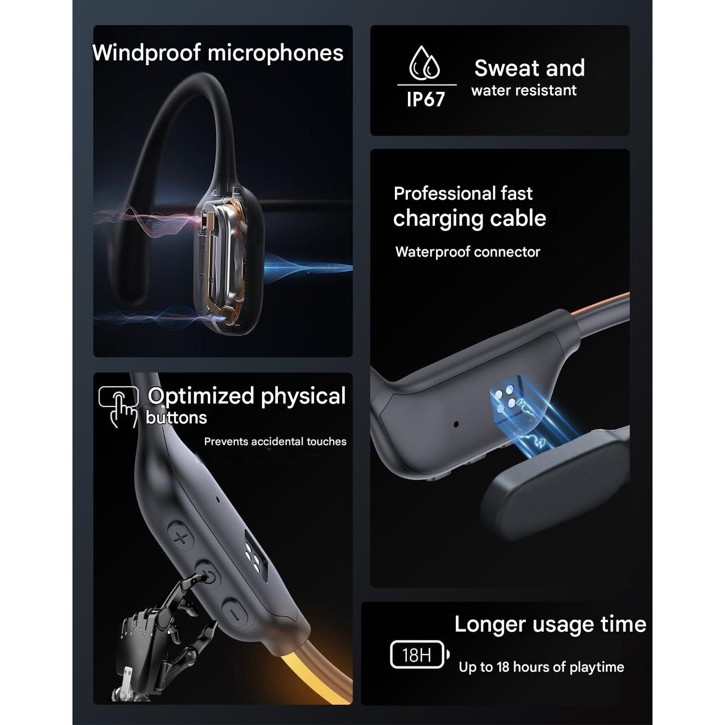 Casti Bluetooth 6.0 Bone Conduction cu LED, IP68 Waterproof, Wireless Open-Ear, microfon incorporat, autonomie lunga de 12 ore, conductie osoasa, pentru alergare, ciclism si fitness
