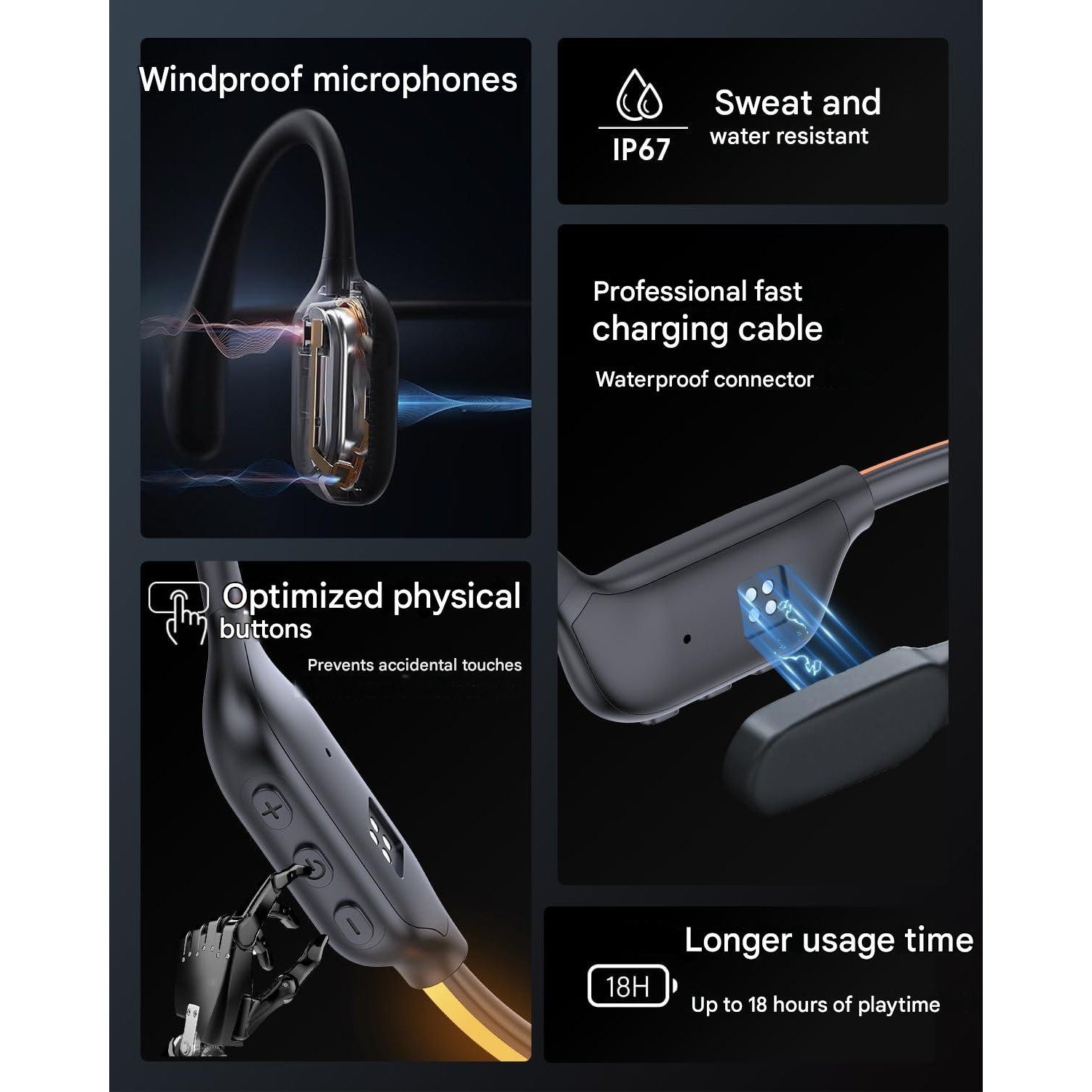 Casti Bluetooth 6.0 Bone Conduction cu LED, IP68 Waterproof, Wireless Open-Ear, microfon incorporat, autonomie lunga de 12 ore, conductie osoasa, pentru alergare, ciclism si fitness