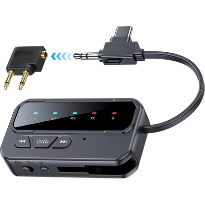 Adaptor Bluetooth 5.4 audio Wireless 2 in 1 TX/RX, pentru avion si masina, compatibil 2 casti Bluetooth/AirPods, Jack AUX 3.5 mm, pentru TV, PC, Laptop, boxe si sisteme audio vechi, latenta redusa, baterie reincarcabila