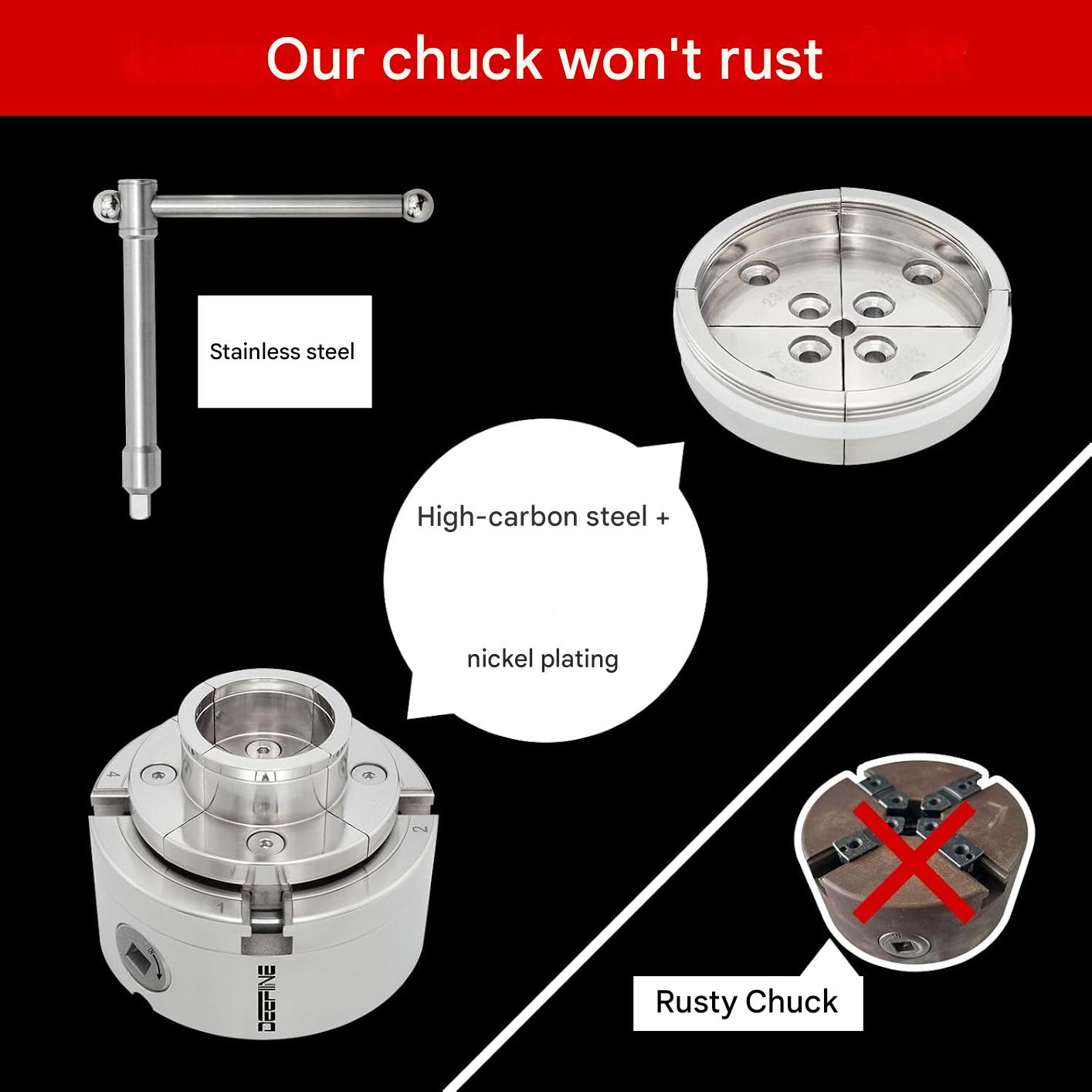 Mandrina autocentranta cu 4 bacuri pentru strung – Mandrina de 100 mm, nichelata, precizie inalta pentru lemn si metal, compatibila cu strunguri M33×3,5 si M18×2,5 cu adaptor, include accesorii, stabila si durabila pentru atelier si proiecte profesionale