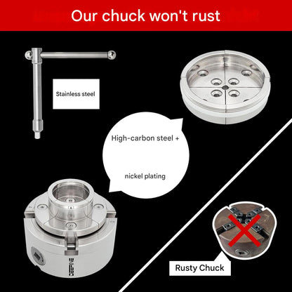 Mandrina autocentranta cu 4 bacuri pentru strung – Mandrina de 100 mm, nichelata, precizie inalta pentru lemn si metal, compatibila cu strunguri M33×3,5 si M18×2,5 cu adaptor, include accesorii, stabila si durabila pentru atelier si proiecte profesionale