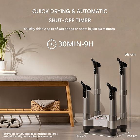 Uscator electric pentru incaltaminte AIRTHEREAL SD20, 110 W, dezinfectare cu ozon, temporizator reglabil 30 min - 9 ore, uscare cu aer cald 40-45°C, pentru 2 perechi simultan, tuburi telescopice extensibile, protectie la supraincalzire, gri