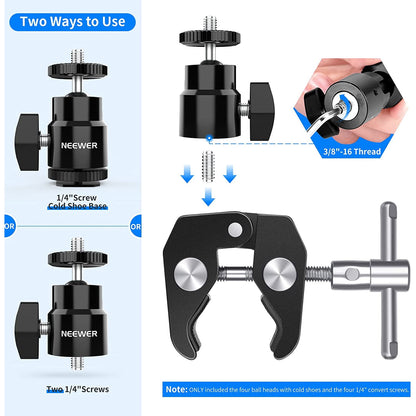 Set 4 adaptoare cu patina si surub 1/4 inch, Hot Shoe Mount, cap rotativ cu bila, pentru camere foto, camere video, smartphone, lumina video, microfon, ring light