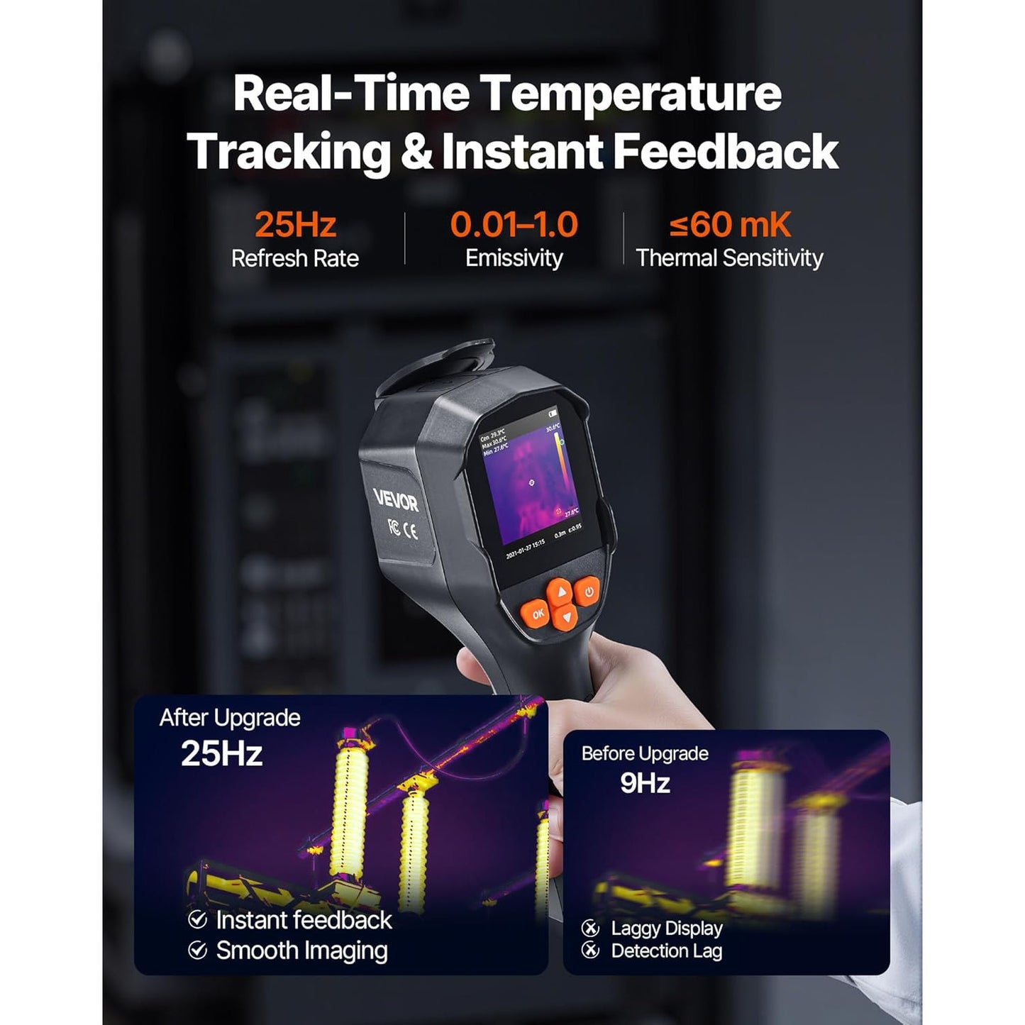 Camera termoviziune VEVOR, TISR 240x180, IR 96x96, camera 2MP, 25Hz, -20°C pana la 550°C, lanterna LED, IP54, 8GB, USB, pentru HVAC, electricieni si inspectii industriale