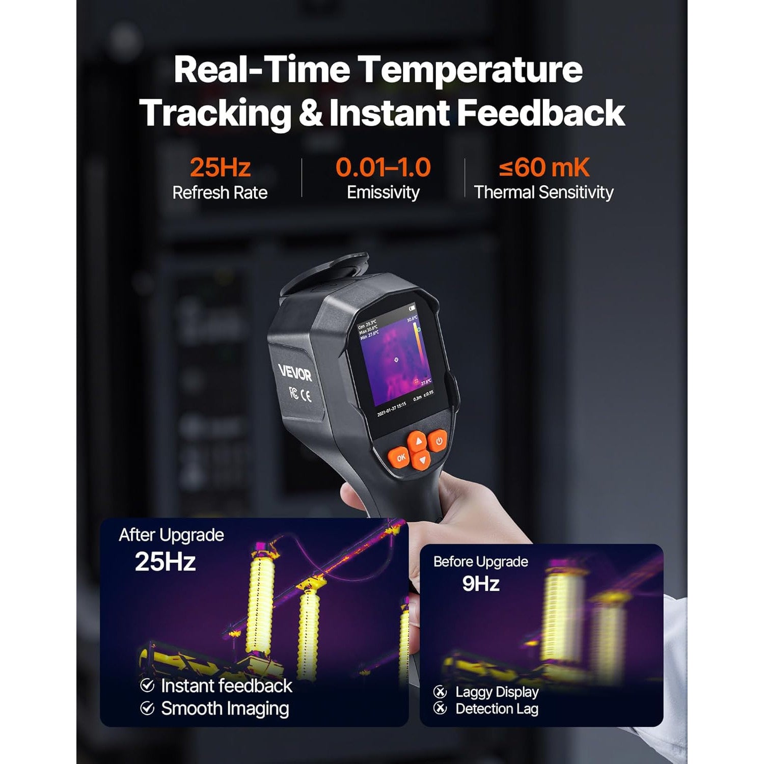 Camera termoviziune VEVOR, TISR 240x180, IR 96x96, camera 2MP, 25Hz, -20°C pana la 550°C, lanterna LED, IP54, 8GB, USB, pentru HVAC, electricieni si inspectii industriale