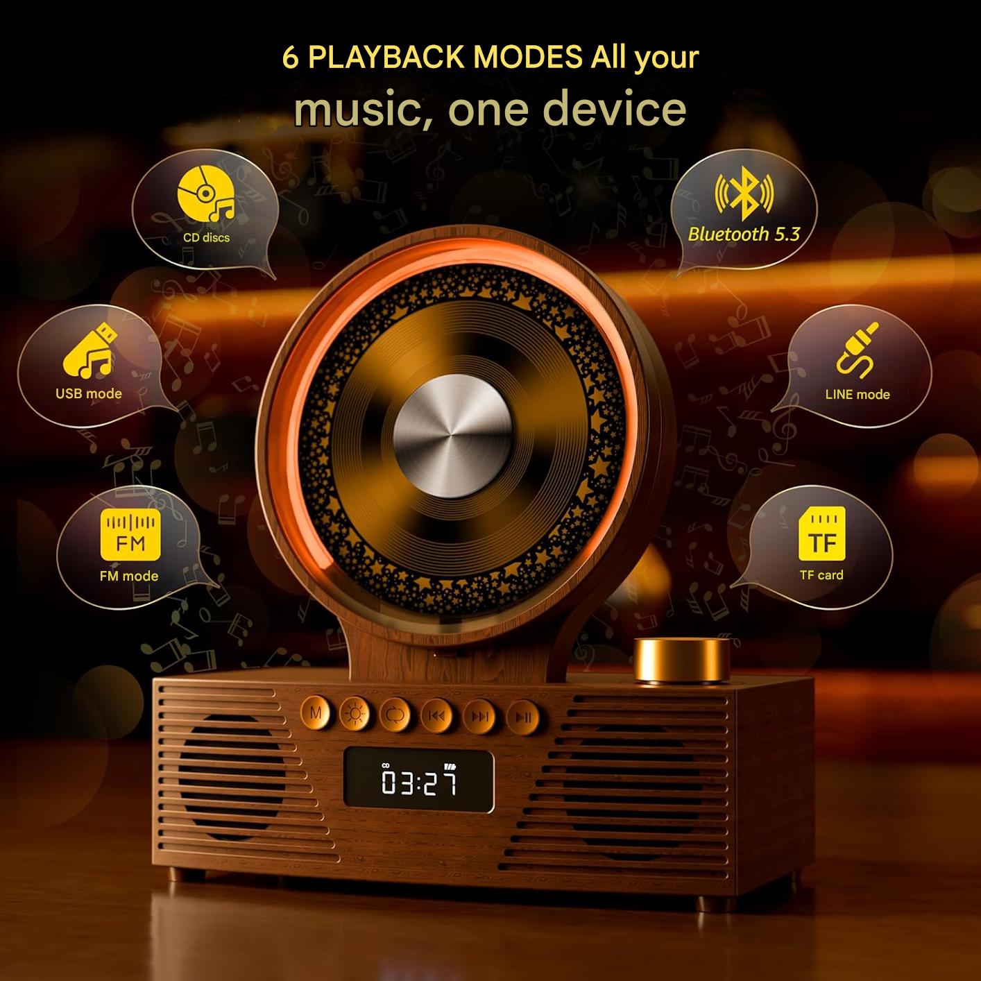 CD player portabil ROADOM Bluetooth 5.3, difuzoare duale Hi-Fi, baterie 4000 mAh, 6 in 1 CD, USB, TF, FM, AUX, lumina RGB, telecomanda, design retro vintage din lemn, maro