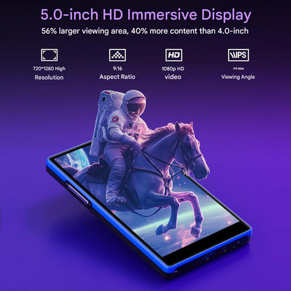 MP3 Player Android 160GB (32GB + 128GB), ecran de 5 inch HD, Android 13, 4GB RAM, Octa-Core, Bluetooth 5.0, WiFi Dual Band, Radio FM, mod copii, compatibil Spotify, Amazon Music, Deezer, Audible, baterie 2500mAh