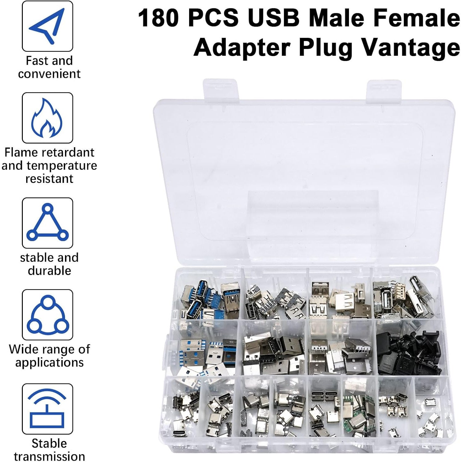 Kit adaptoare USB A/C/Micro USB 180 piese AYWHP, USB 2.0 si 3.0, conectori mascul/femela pentru lipire si reparatii electronice DIY, compatibil PC, Laptop si dispozitive mobile