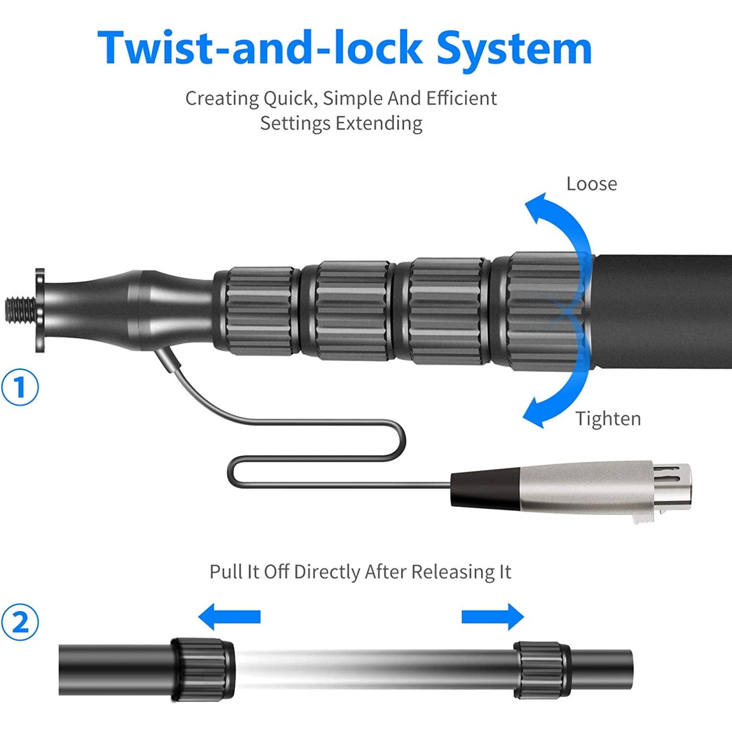 Suport pentru microfon, brat telescopic cu cablu XLR incorporat, de mana, extensibil 86-301 cm cu 5 segmente, blocare prin rasucire, maner din spuma, Neewer NW-088, negru