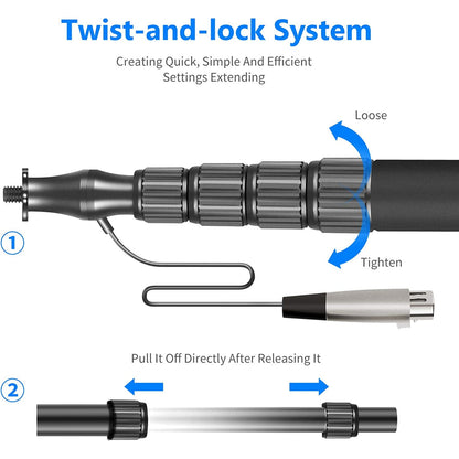 Suport pentru microfon, brat telescopic cu cablu XLR incorporat, de mana, extensibil 86-301 cm cu 5 segmente, blocare prin rasucire, maner din spuma, Neewer NW-088, negru
