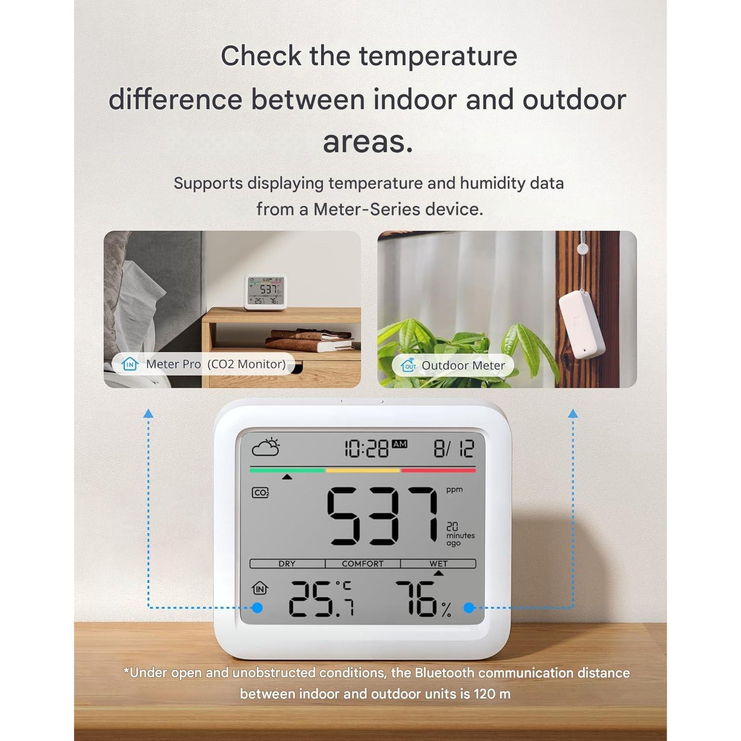 Detector de CO2 WLAN SwitchBot cu termometru-higrometru IP65, senzor CO2 cu aplicatie, alarma, stocare date 2 ani si Bluetooth