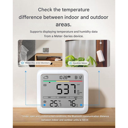 Detector de CO2 WLAN SwitchBot cu termometru-higrometru IP65, senzor CO2 cu aplicatie, alarma, stocare date 2 ani si Bluetooth