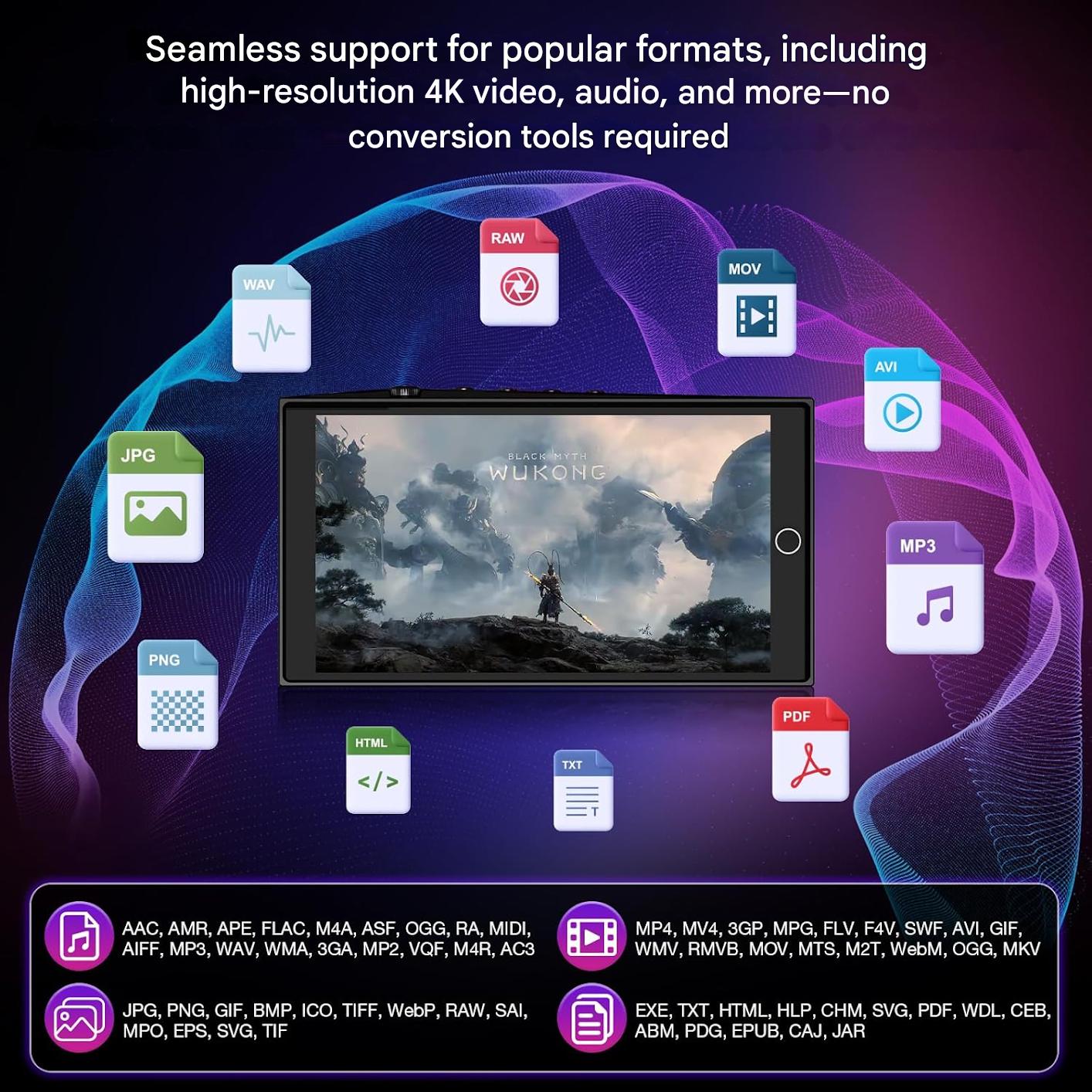 MP3 Player Android 13 192GB (64GB ROM + 128GB Card), Bluetooth 5.0 si WiFi, ecran tactil de 4, 7 inch HD, 4GB RAM, camere frontale si spate, asistent AI, Player muzical si video pentru copii