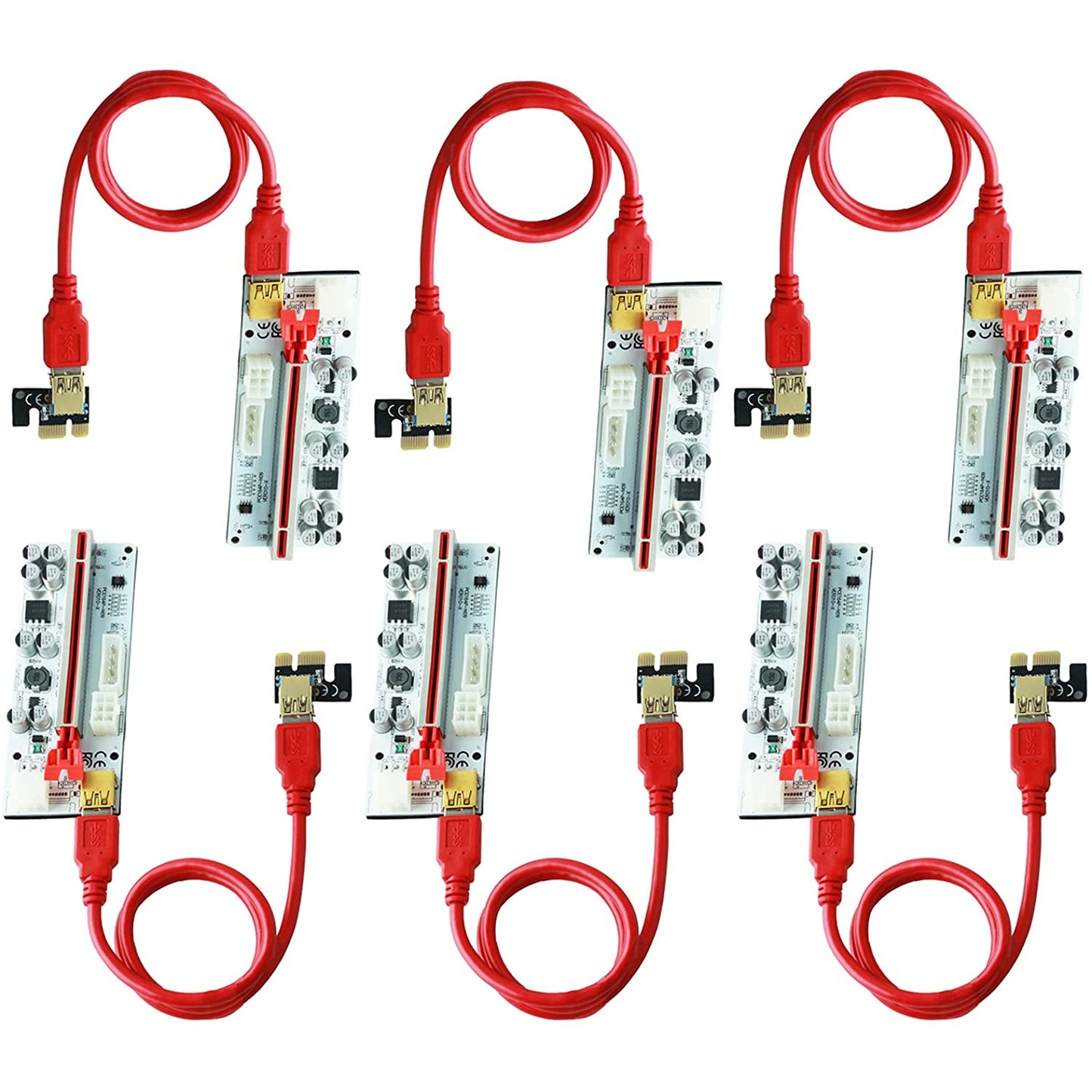 Set de 6 placi PCI-E riser, 1X-16X, 8 capacitori, VER010, minare Bitcoin Litecoin, cu cablu USB 3.0 de 60 cm, alimentare cu 6 pini, SATA, Molex