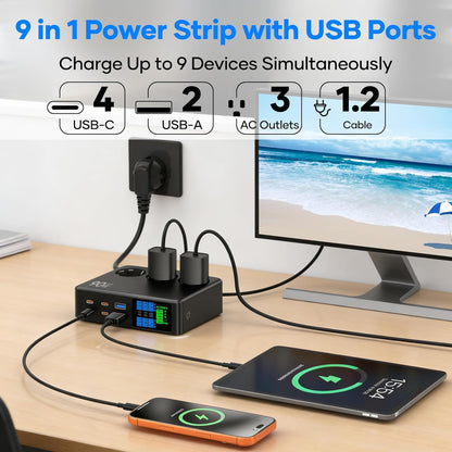 Prelungitor 9 in 1 cu 3 prize, 4x USB-C si 2x USB-A, 2500 W, incarcare rapida 90W PD, display LED, protectie supratensiune, cablu 1.2 m, negru
