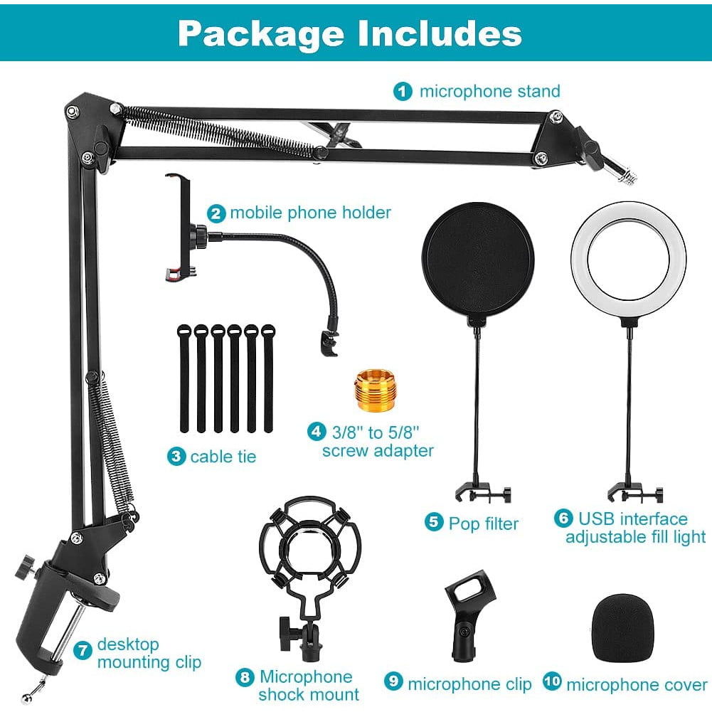 Set brat cu menghina cu suport pentru microfon, filtru pop, ring light LED USB, stand cu suport pentru telefon, Profesional, Ajustabil