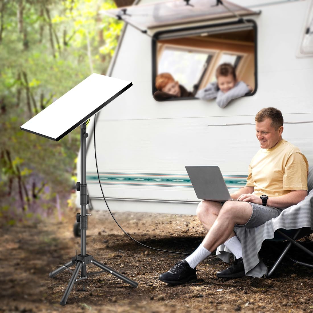 Suport pentru antena Starlink Gen 3 cu trepied reglabil 90–180°, inaltime 134 cm, otel inoxidabil, ultra-stabil cu tarusi, portabil pentru camping, curte si calatorii