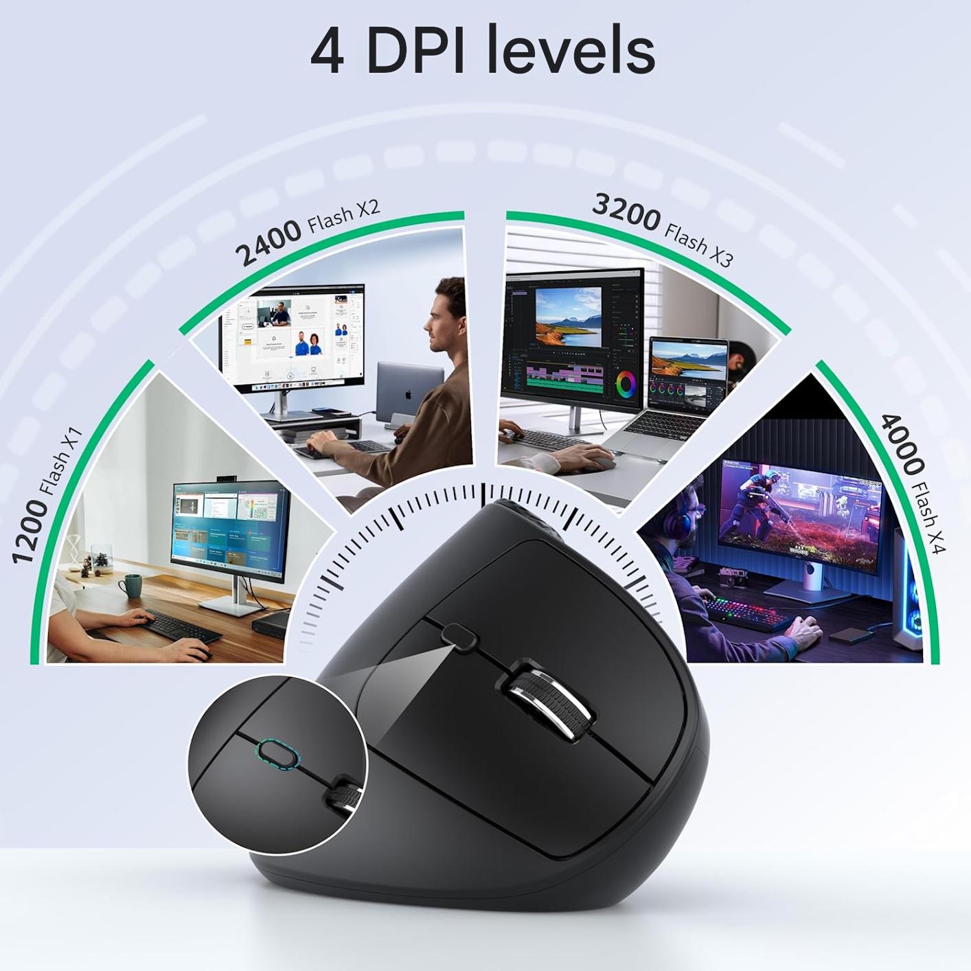 Mouse Wireless vertical Acer, Bluetooth 5.2 + 2.4GHz, 4000 DPI, 8 butoane, rotita scroll laterala, conectare 3 dispozitive, ergonomic 59°, negru