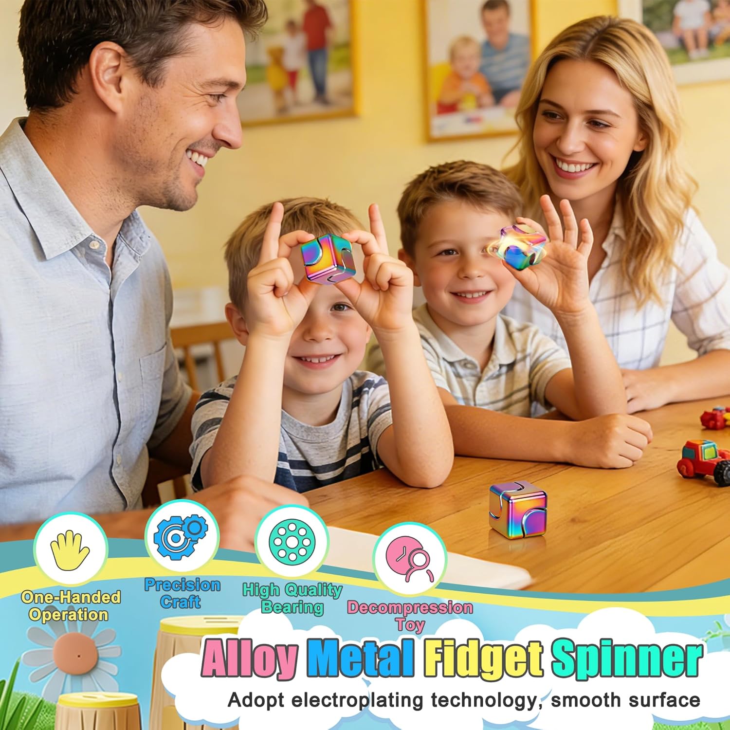 Fidget Spinner cub metalic 2 in 1, jucarie anti-stres pentru copii si adulti, spinner rotativ silentios pentru concentrare si relaxare, 3x3 cm, multicolor