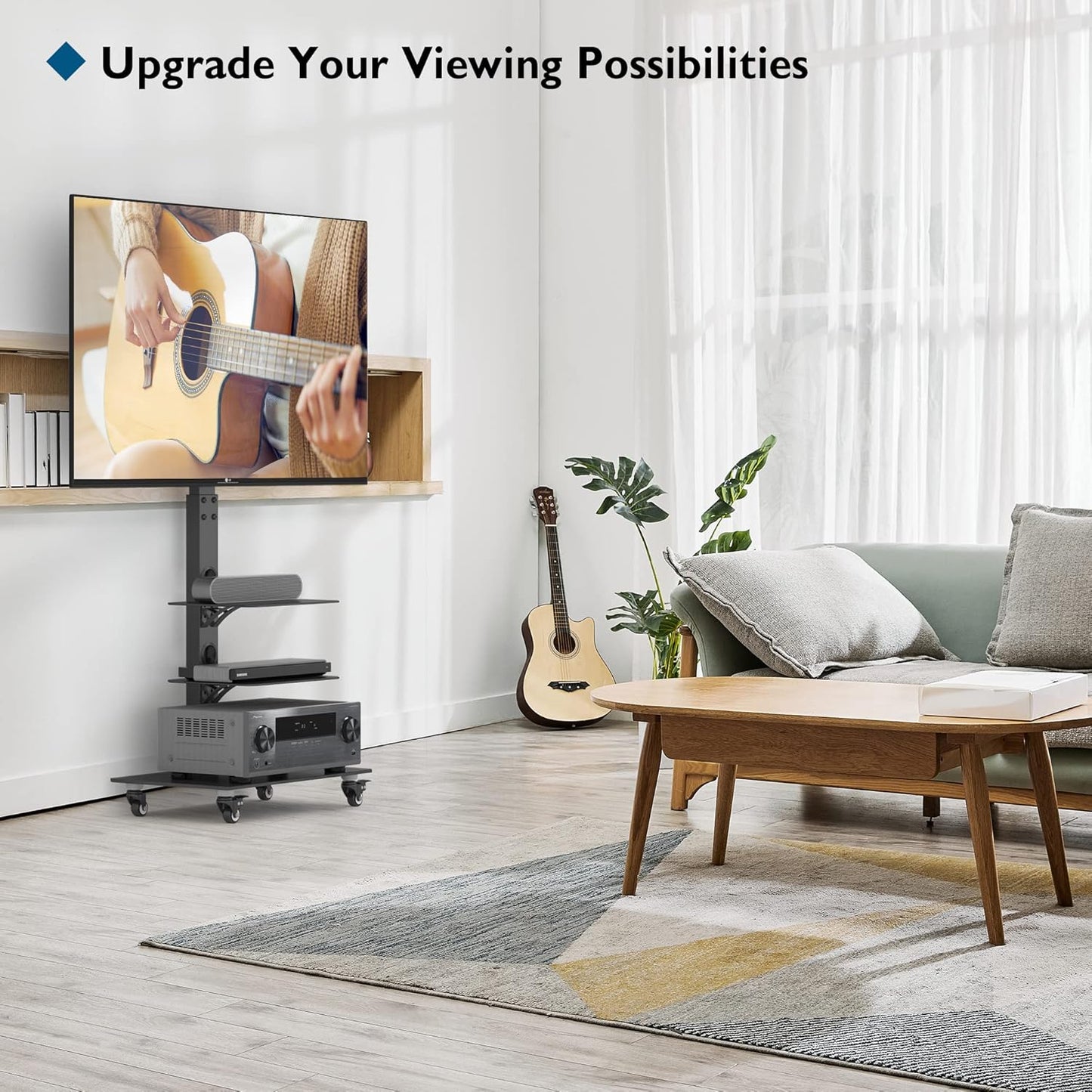 Suport TV BONTEC cu roti pentru ecrane Plasma/LCD/LED de 30-70 inch, pana la 40 kg, 6 reglaje de inaltime cu rafturi din sticla securizata cu 3 niveluri, MAX VESA 600 x 400 mm