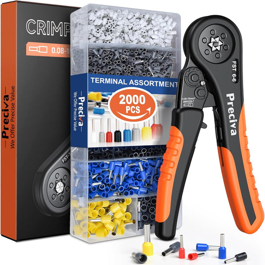 Cleste de sertizare hexagonal Preciva 0, 08–6 mm² + 2000 ferule pentru capete de sarma – Reglare automata, clichet cu blocare fortata, presiune reglabila, trusa profesionala pentru conectori izolati si neizolati