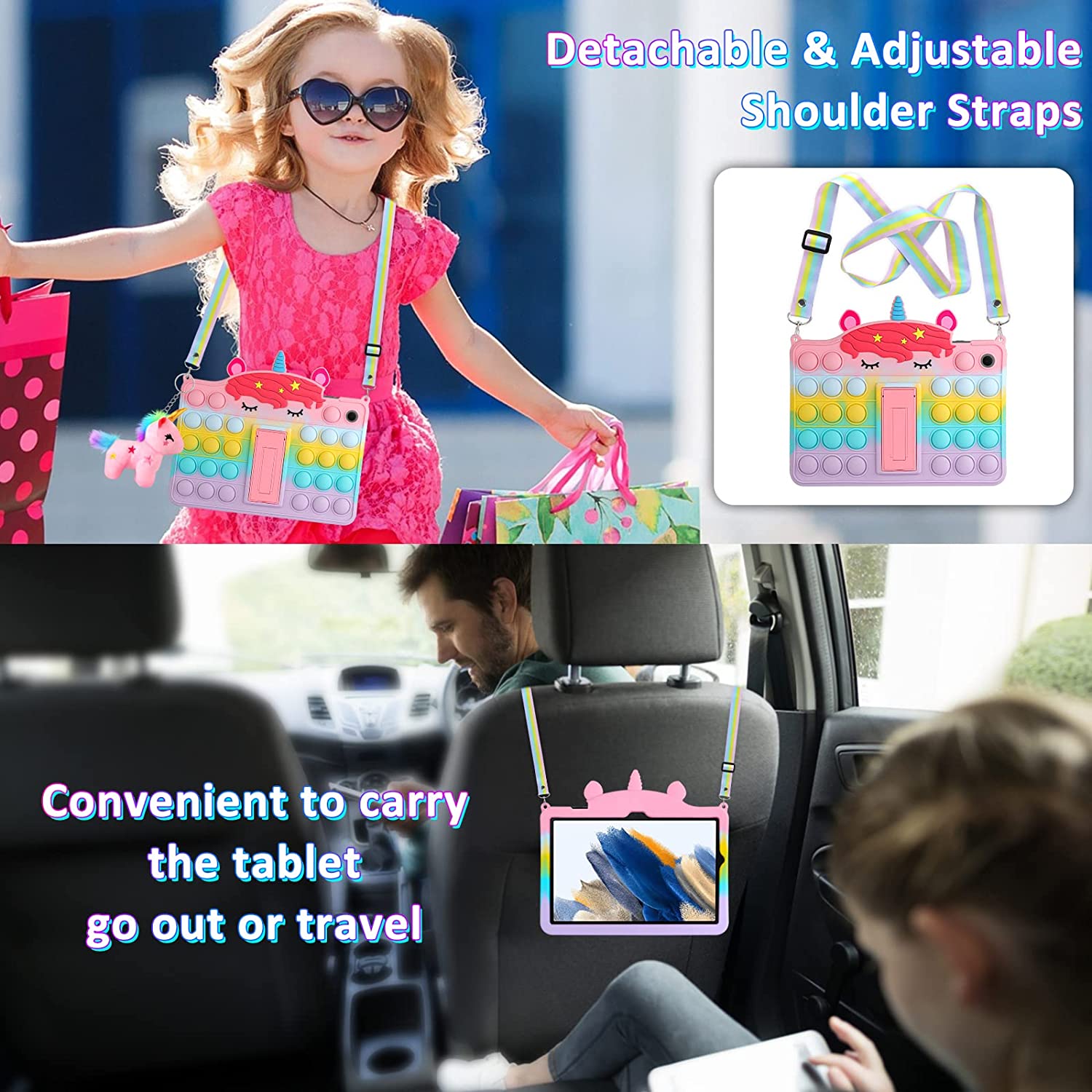 Husa pentru Samsung Galaxy Tab A8 10.5 inch SM-X200/X205/X207, 2021, cu Push Pop Fidget, din silicon, lavabila, cu curea ajustabila si suport, pentru copii, multicolora
