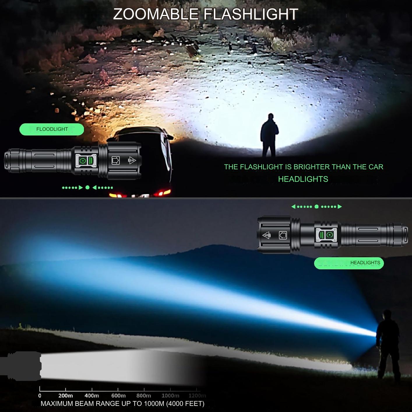 Lanterna tactica LED 120.000 lumeni, chip XHP160, 6 moduri iluminare, acumulator reincarcabil 5000 mAh, impermeabila IP67, functie powerbank, indicator nivel baterie, cu toc lanterna