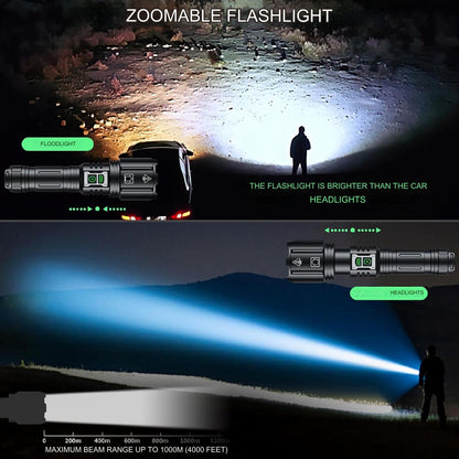 Lanterna tactica LED 120.000 lumeni, chip XHP160, 6 moduri iluminare, acumulator reincarcabil 5000 mAh, impermeabila IP67, functie powerbank, indicator nivel baterie, cu toc lanterna