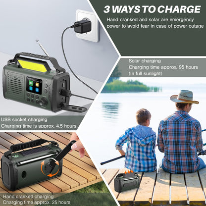 Radio de urgenta DAB/FM, 20000 mAh, manivela si panou solar, Bluetooth, powerbank, AUX, lanterna LED, alarma SOS, busola, ceas, incarcare USB, verde