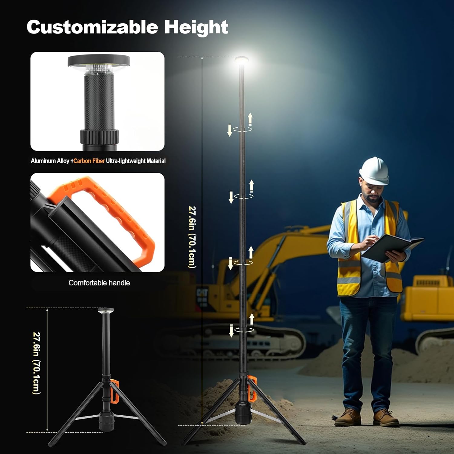 Lampa LED portabila SYLSTAR cu trepied telescopic 2.65m, 3000 lm, baterie 6000 mAh, telecomanda, 3CCT 3000K/4000K/6500K, reglaj luminozitate 10 trepte, autonomie pana la 48h, USB-C, iluminare pentru camping, outdoor si urgente, clasa energetica F