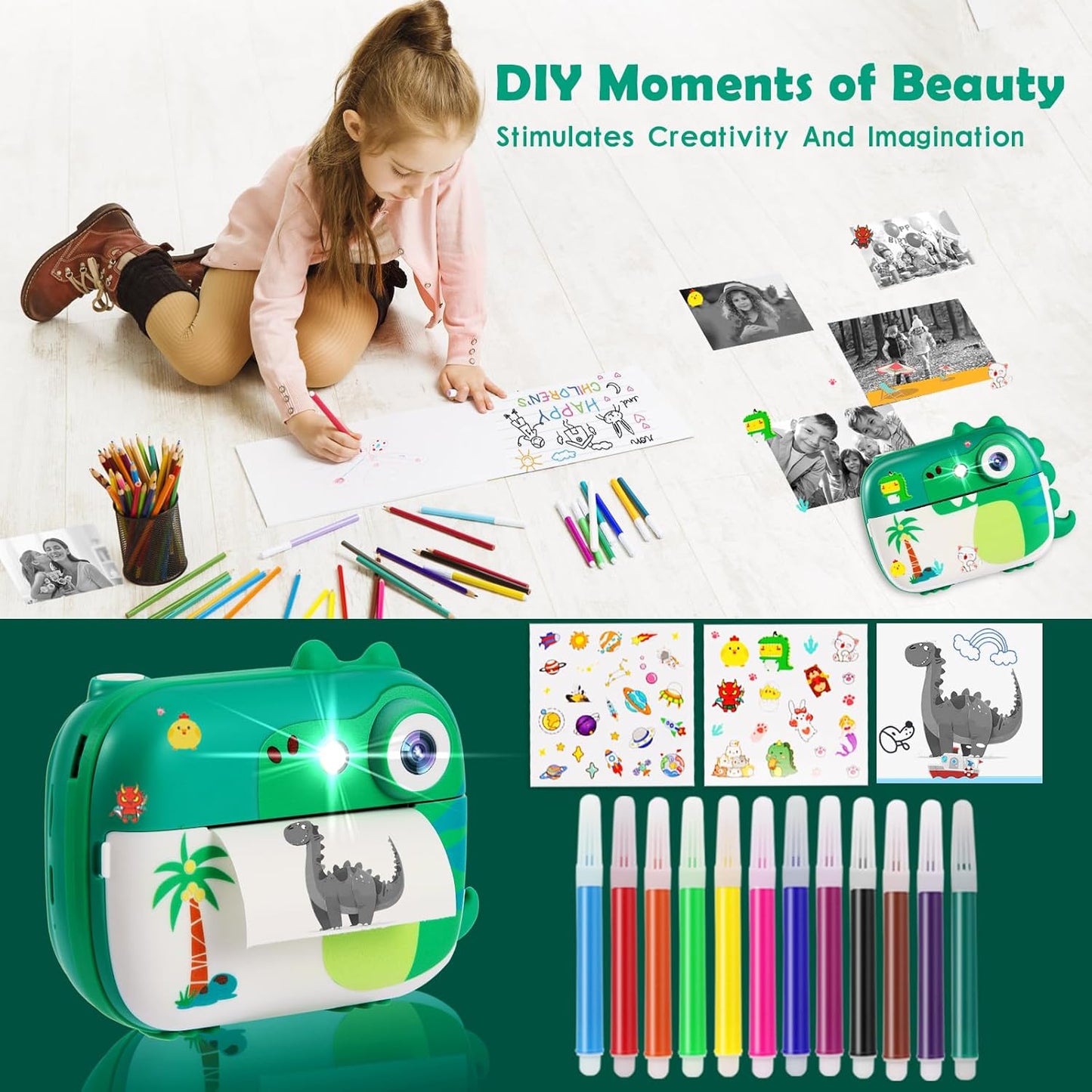 Camera foto instant pentru copii, camera instantanee cu functie printare, video HD 1080P, blit, functie MP3 Player, jocuri incorporate, slot card, cu 7 role hartie incluse