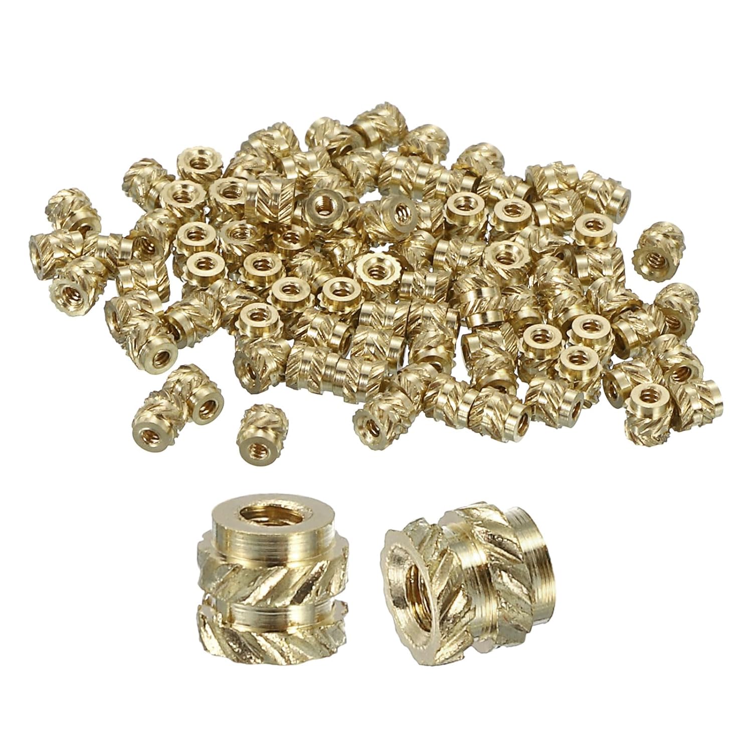 Insertii filetate din alama QUARKZMAN M1 x 0.25, Ø2 x 1.8 mm, set 100 buc, piulite moletate termofixabile pentru plastic, heat set inserts pentru imprimare 3D, filet metric interior, montaj prin caldura sau ultrasunete, rezistente la coroziune