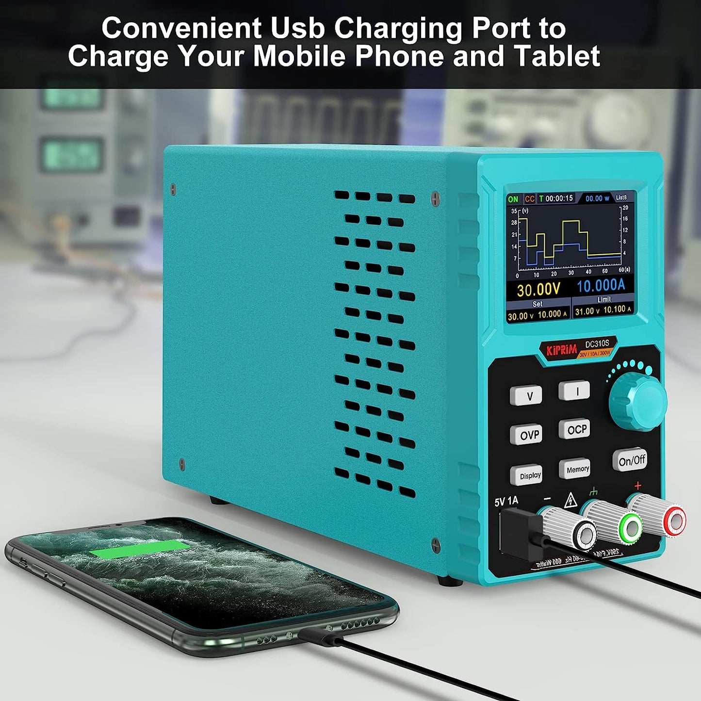 Sursa de alimentare de laborator 0-30 V, 0-10 A programabila, cu afisaj LED, interfata USB pentru control, ventilator racire, port incarcare 5V, functie protectie supracurent (OCP), protectie supratensiune (OVP), multifunctionala
