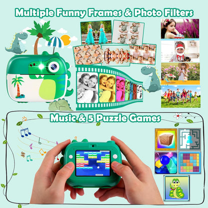 Camera foto instant pentru copii, camera instantanee cu functie printare, video HD 1080P, blit, functie MP3 Player, jocuri incorporate, slot card, cu 7 role hartie incluse
