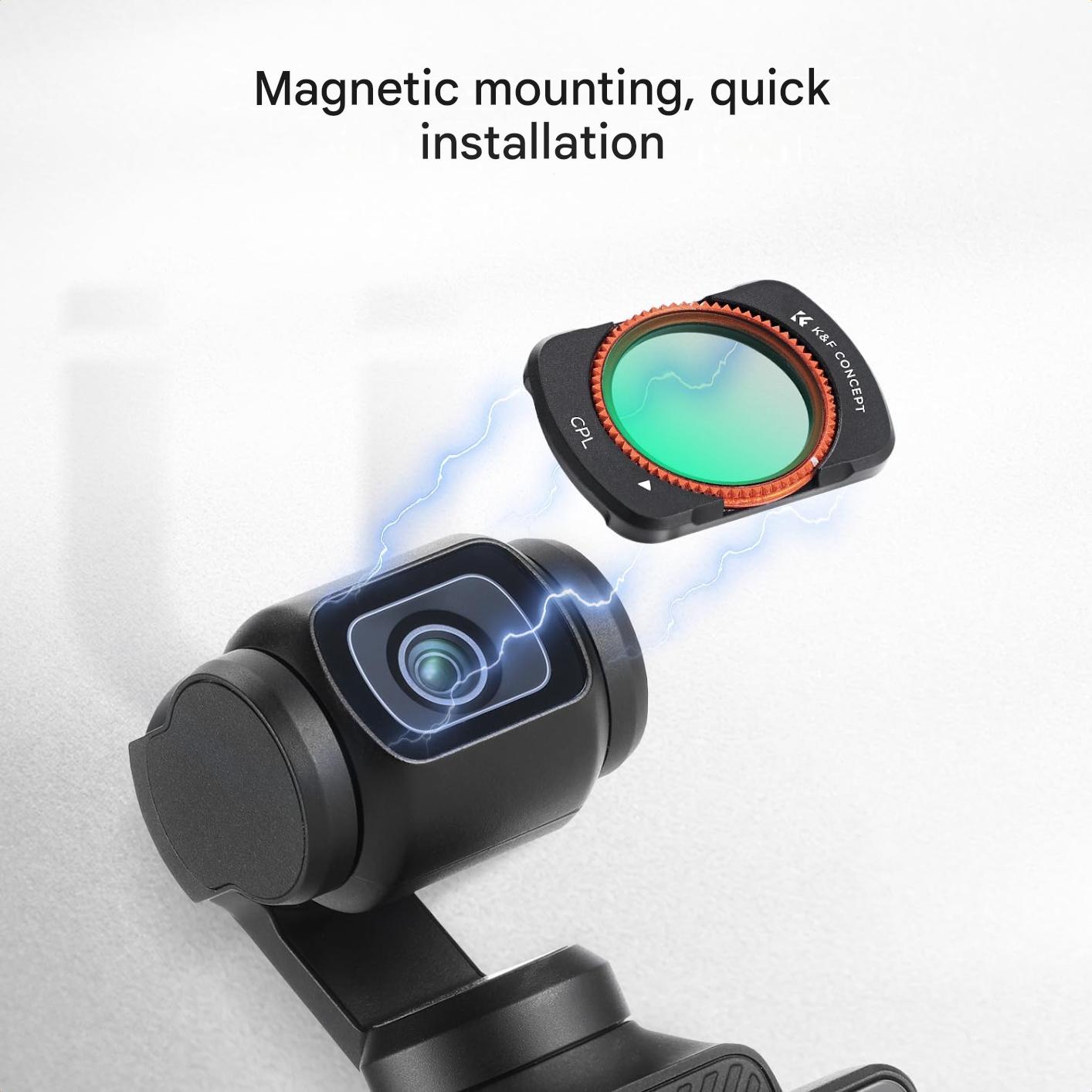 Set filtre magnetice K&F CONCEPT FD161 pentru DJI Osmo Pocket 3/4, 4 buc CPL, ND16, ND64, ND512, sticla optica, cadru aluminiu, montare magnetica rapida, reduc reflexii, control lumina, accesorii profesionale foto-video gimbal DJI