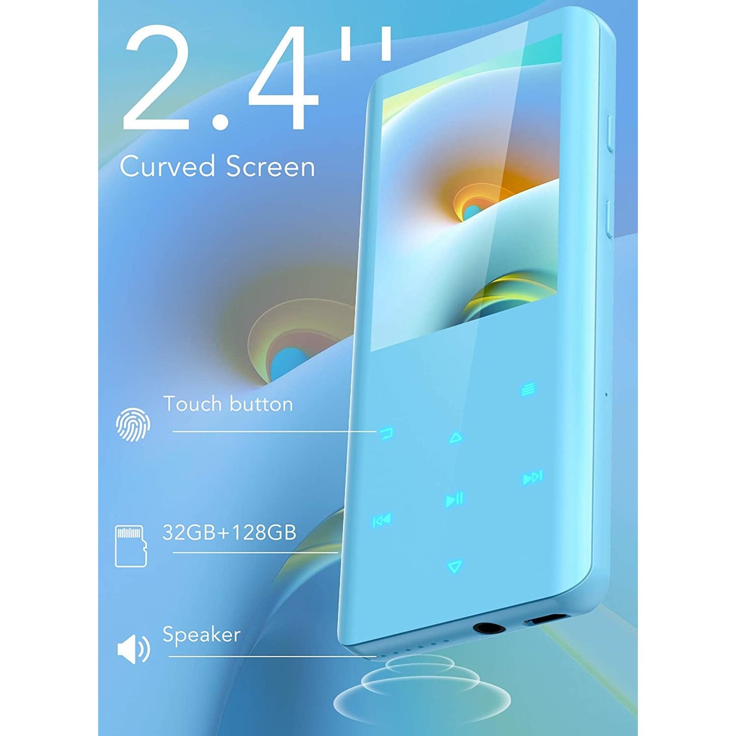 MP3 Player 32 Gb cu Bluetooth 5.0, sunet HiFi, ecran curbat de 2.4 inch, butoane tactile, radio FM, inregistrare, cu difuzor, suporta card pana la 128 Gb, albastru