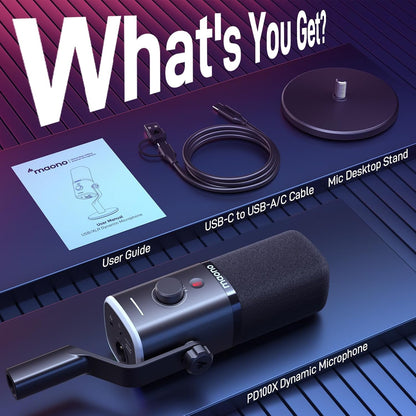 Microfon de gaming MAONO PD100X XLR/USB, dinamic cu anulare dubla a zgomotului, iluminare RGB, buton mute si software, pentru streaming, podcast, studio, compatibil PC, PS4/PS5, Mac, negru