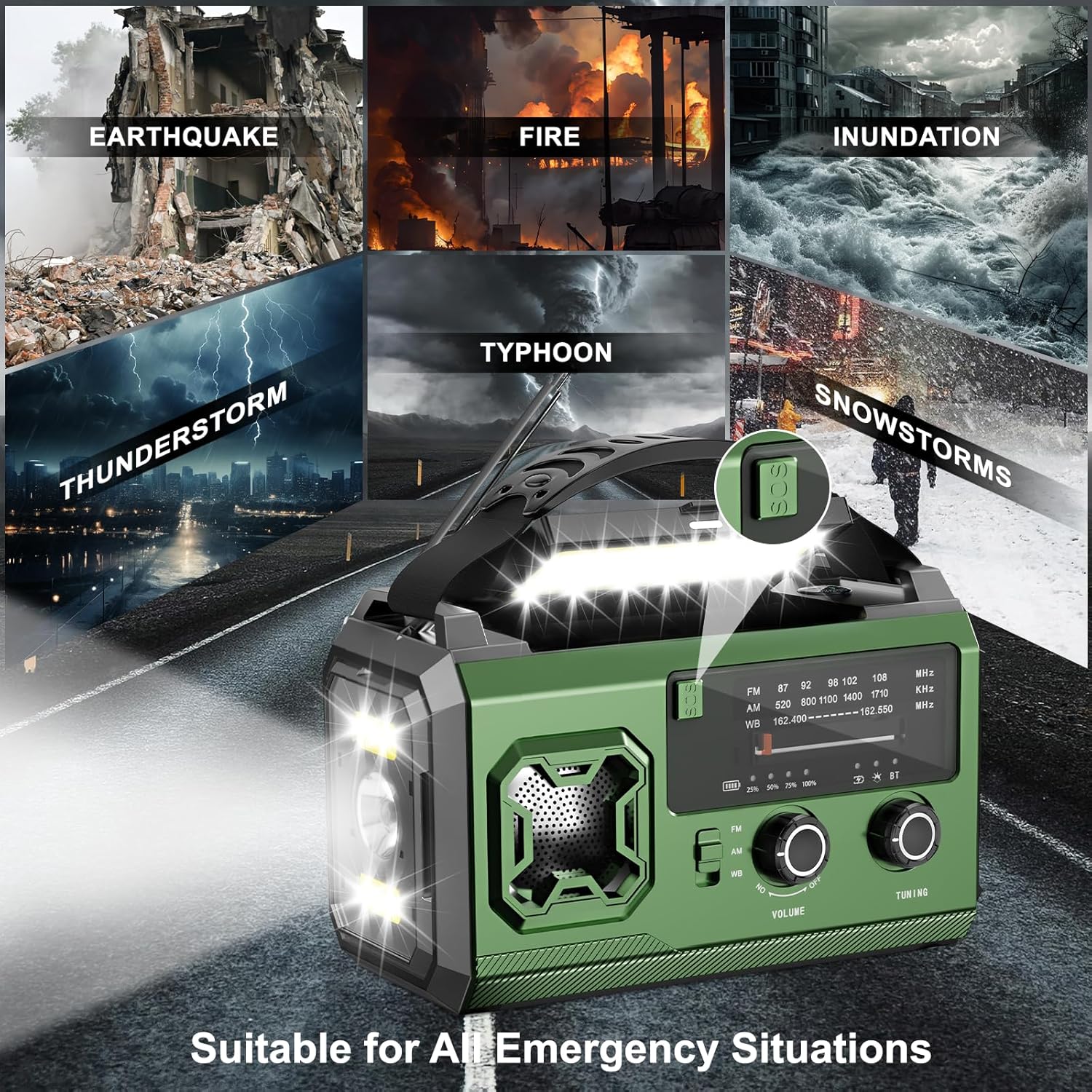 Radio portabil de urgenta cu manivela si panou solar, 27000 mAh, FM/AM, lanterna LED, alarma SOS, busola, functie power bank, USB-C, Bluetooth, verde