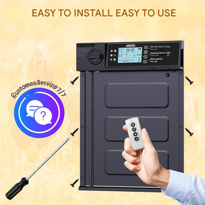 Usa automata inteligenta pentru cotet gaini Okkobi PRO, alimentare solara + USB-C, telecomanda, senzor lumina si timer, ecran LCD, sistem anti-prindere, constructie rezistenta all-weather, 38x28 cm, negru