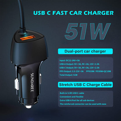 Incarcator auto fast charge 51W 12V~24V, PD&QC&PPS, cu cablu USB C 180 cm integrat, pentru iPhone 13/Xiaomi redmi Note 11/11s/Samsung/Huawei, Android, IOS