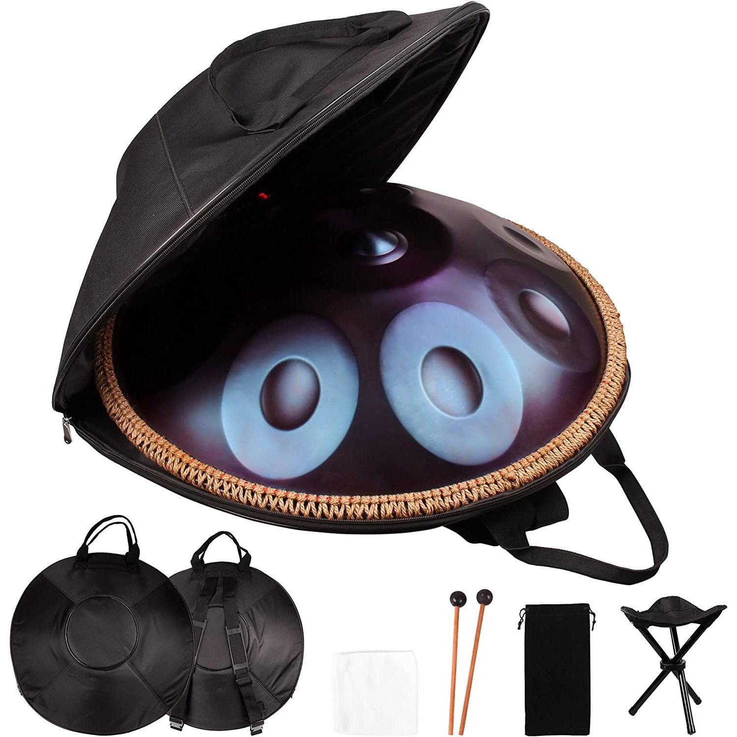 Instrument muzical Handpan cu 12 note in re major, hand drum 22 inch cu husa de depozitare si transport, albastru