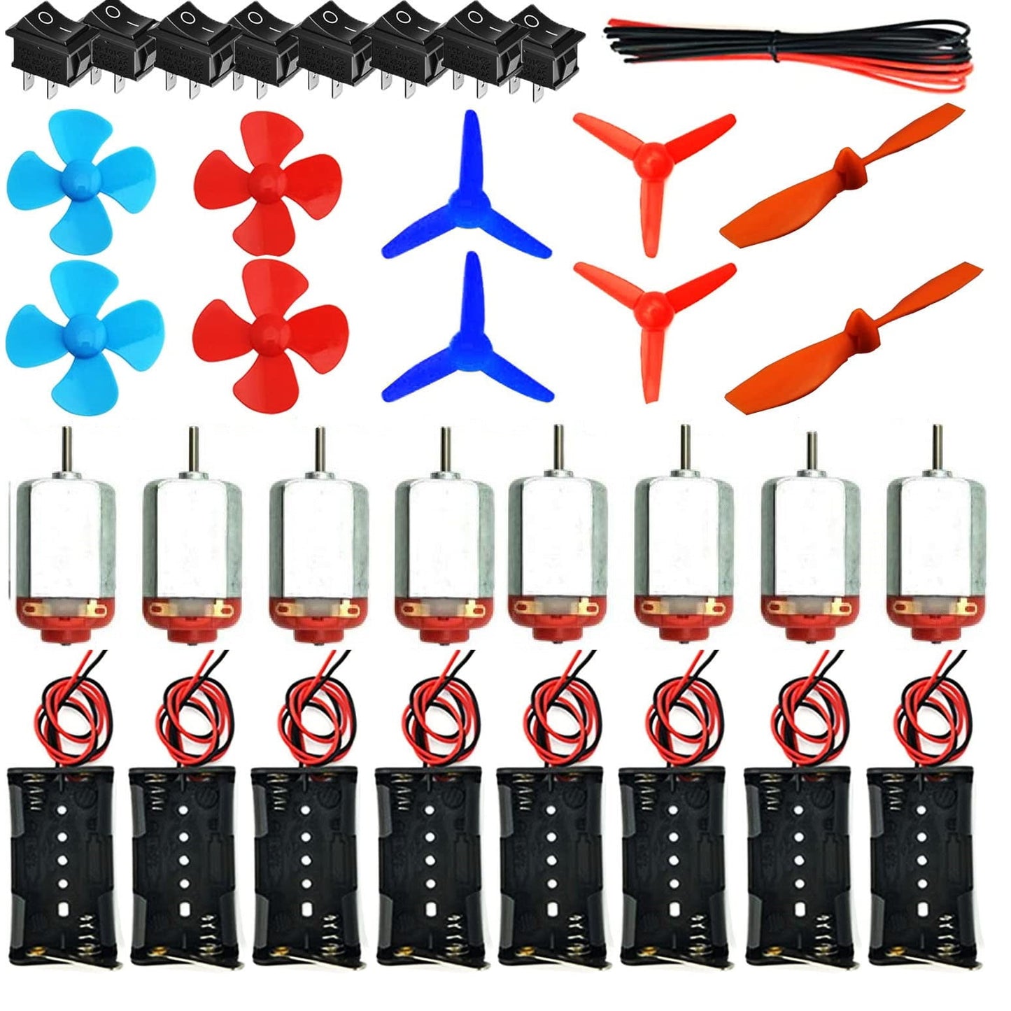Set 8 motor DC 1.5V - 3V, 12000-15000 RPM, 8 carcase cu suport baterie AA, 8 intrerupatoare, elice si cablu de 1m, R683