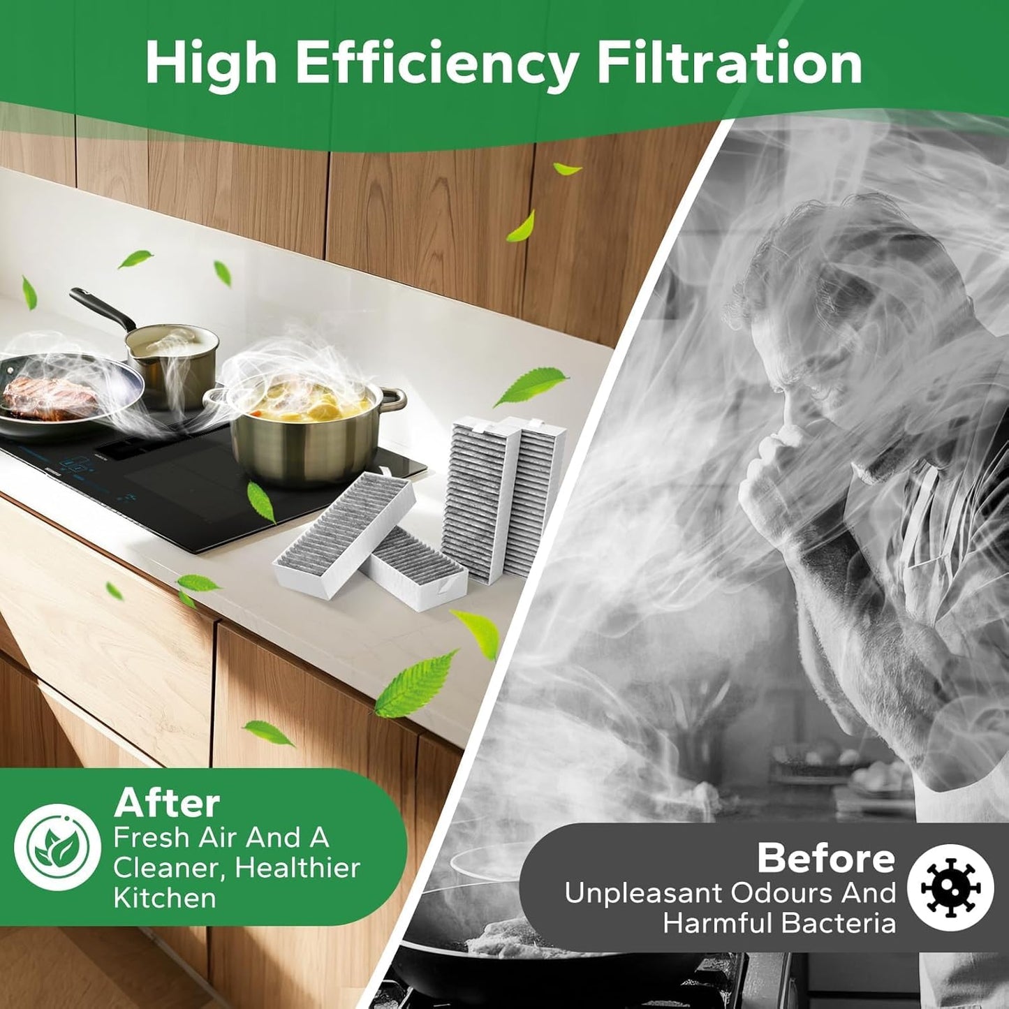 Set 4 filtre pentru hota, carbon activ, cu 5 straturi, 193 x 75 x 35 mm, filtru recirculare de schimb, compatibil Siemens, Bosch, Neff, Gaggenau, Constructa