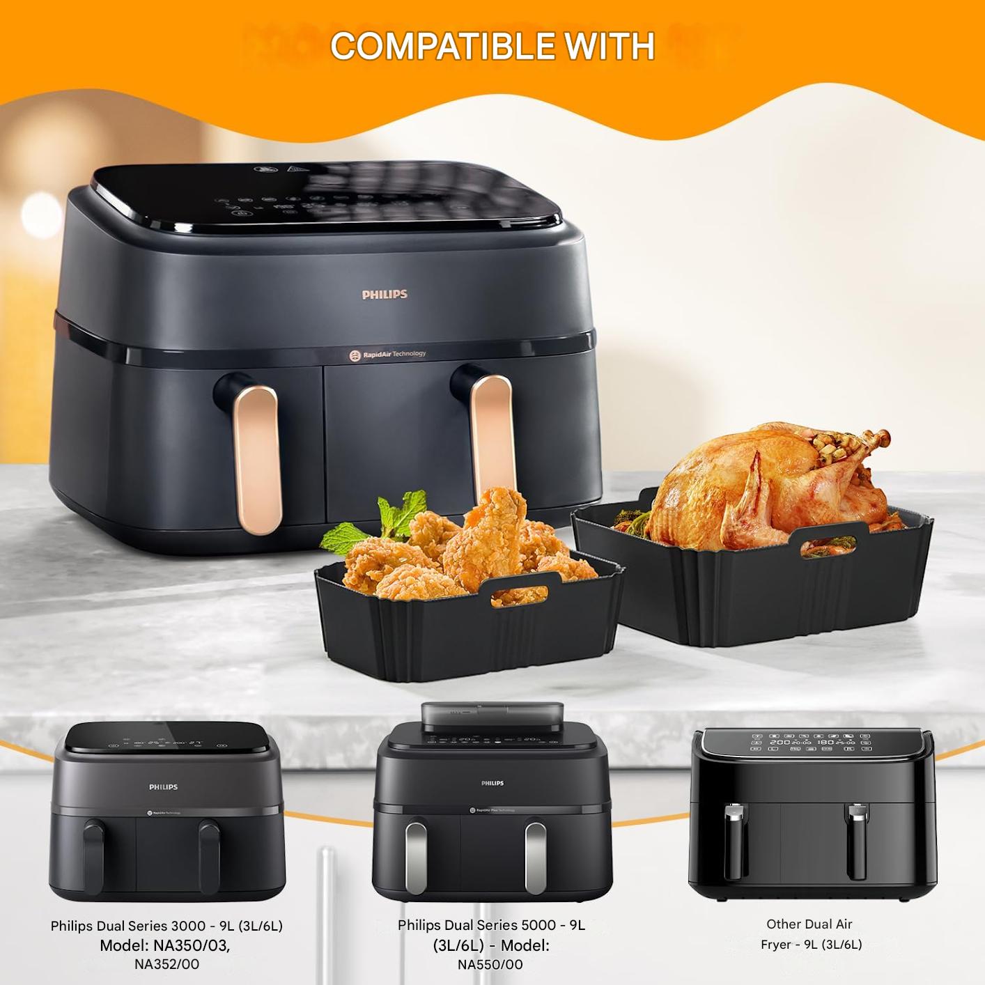 Set 23 accesorii pentru friteuza cu aer cald Philips Airfryer Dual Basket 3000/5000, cu tavi de silicon, forme de prajituri, 2 gratare, forma de vafe, suport paine, clesti